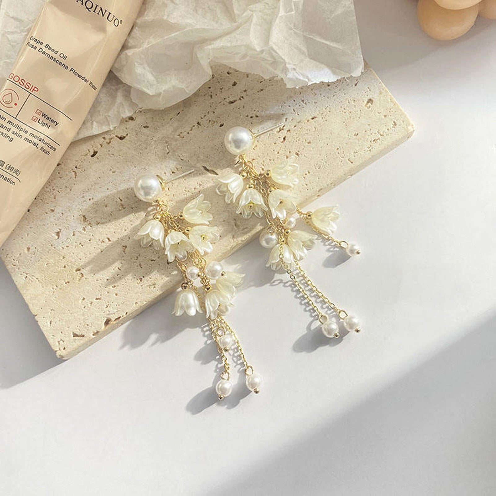 White Floral Pearl Long Dangler Earrings for Women | Gold Finish Imitation Jewellery | Elegant Party Wear
