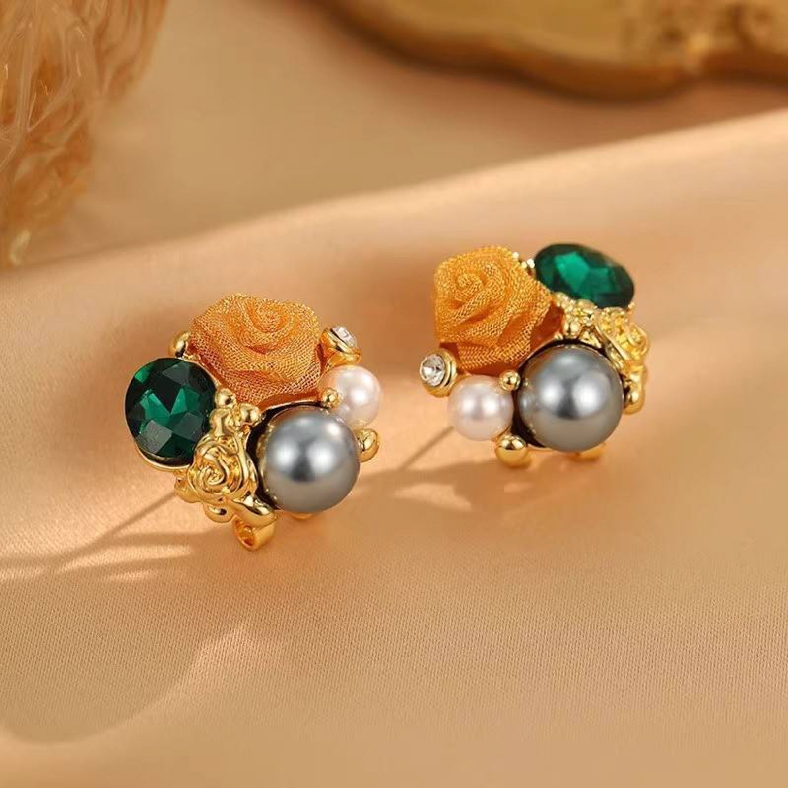 Luxury Gold-Plated Floral Pearl & Green Stone Stud Earrings for Women