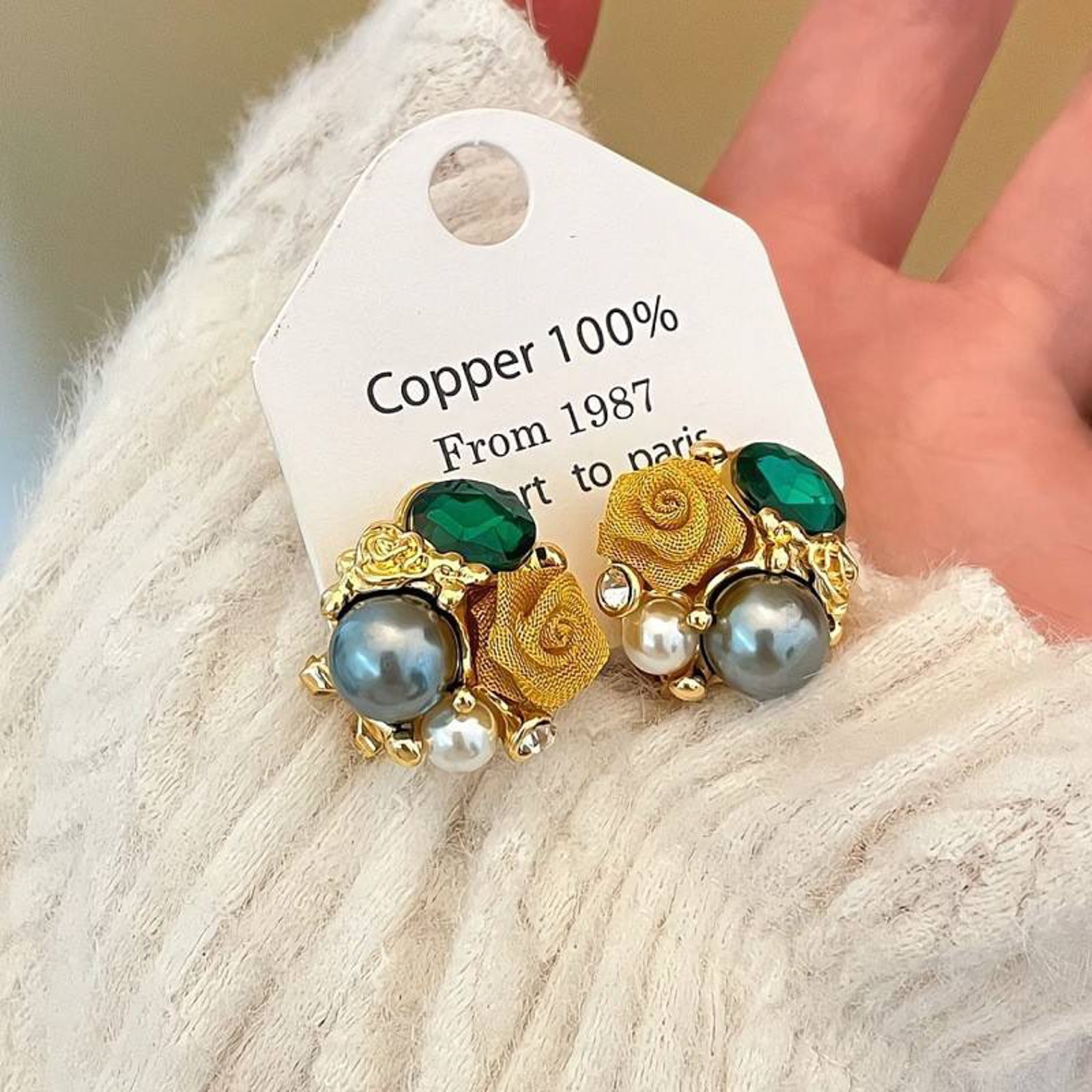 Luxury Gold-Plated Floral Pearl & Green Stone Stud Earrings for Women