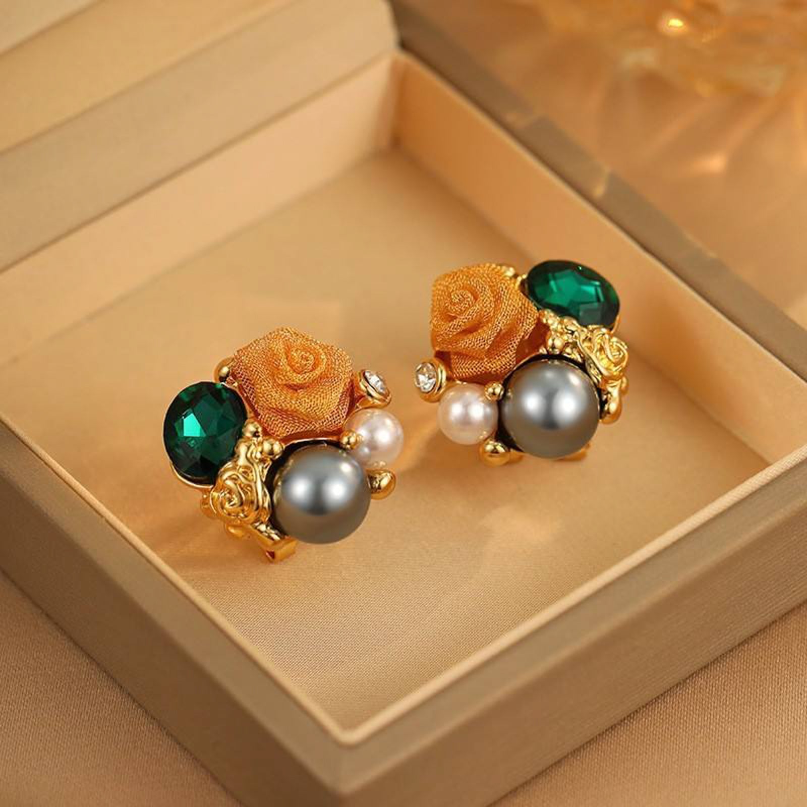Luxury Gold-Plated Floral Pearl & Green Stone Stud Earrings for Women