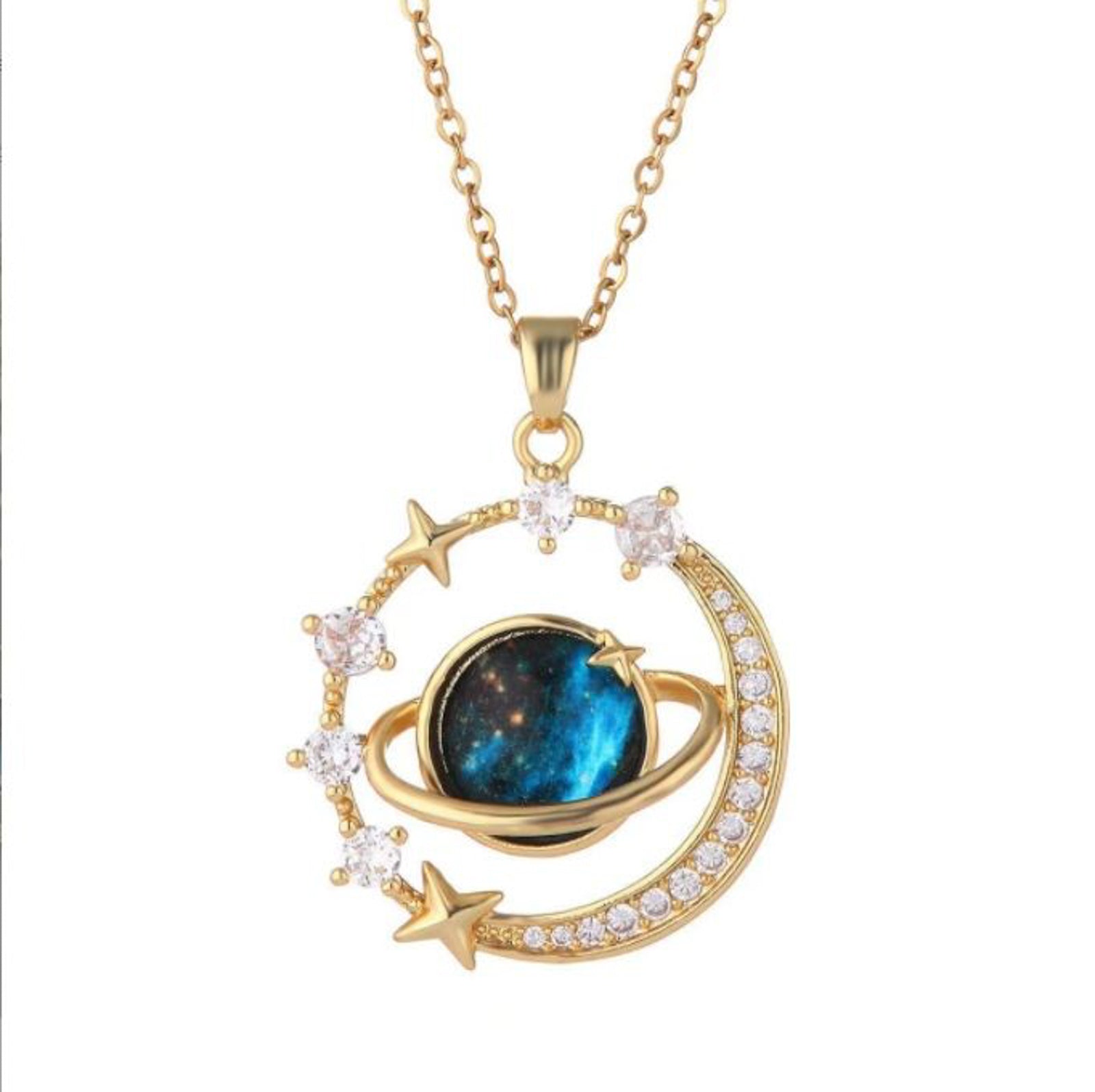 Galaxy Moon Planet Pendant Necklace for Women – Gold Plated Celestial Imitation Jewellery