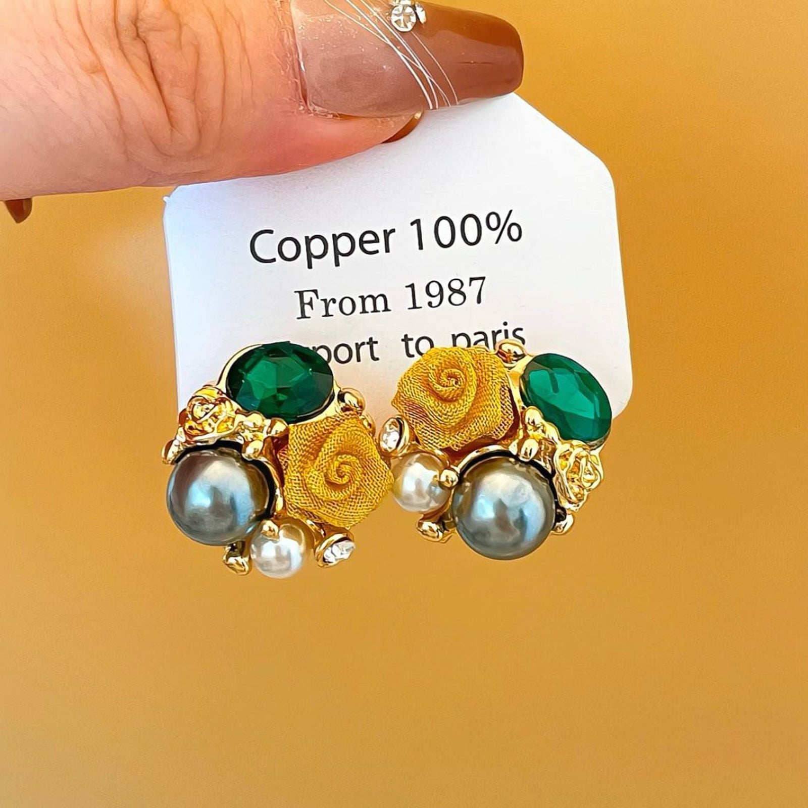 Luxury Gold-Plated Floral Pearl & Green Stone Stud Earrings for Women