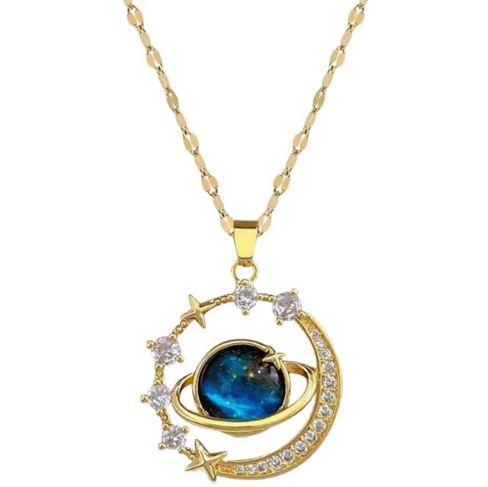 Galaxy Moon Planet Pendant Necklace for Women – Gold Plated Celestial Imitation Jewellery