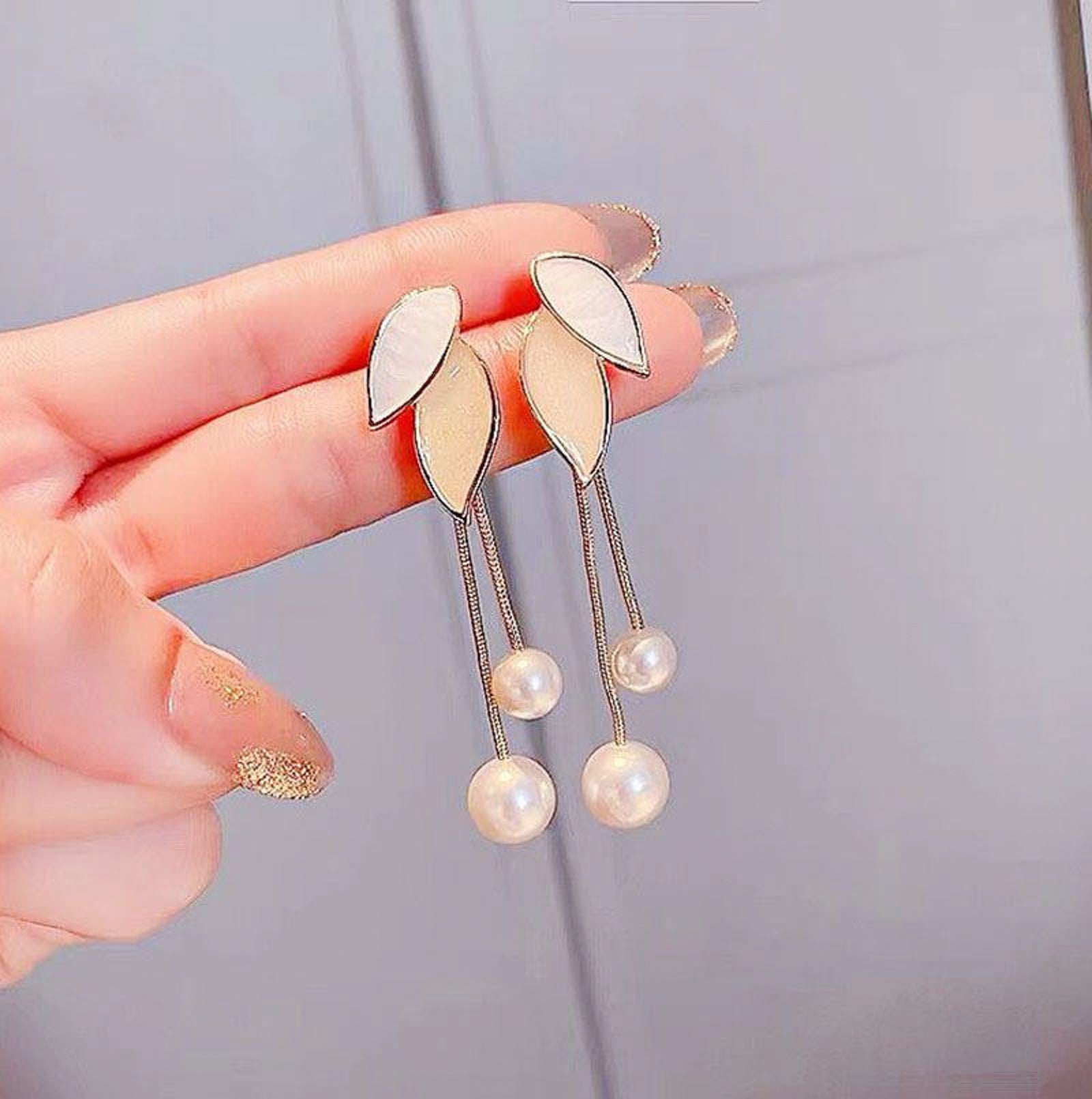 Elegant Leaf Design Pearl Drop Earrings | Gold Tone Imitation Jewellery for Women