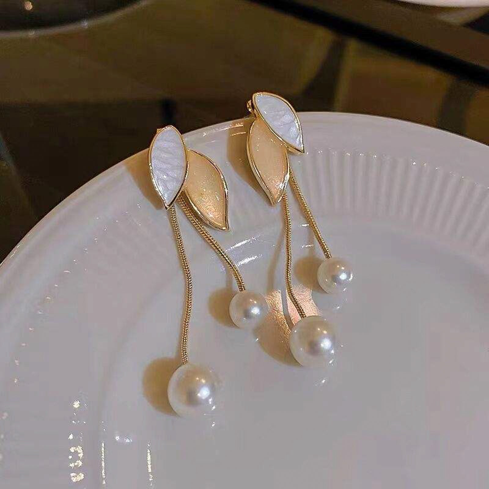 Elegant Leaf Design Pearl Drop Earrings | Gold Tone Imitation Jewellery for Women