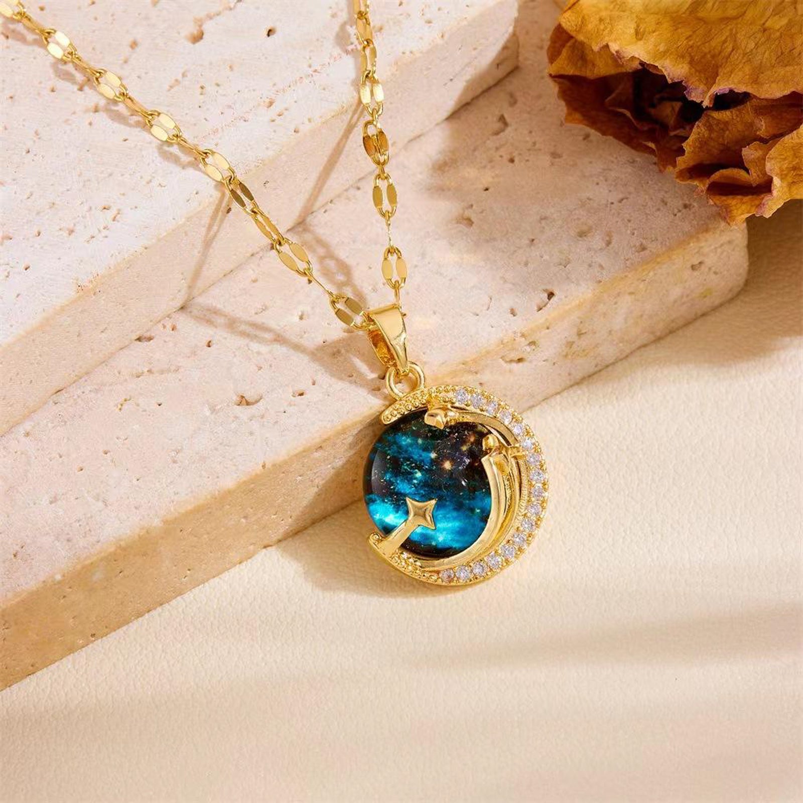 Galaxy Moon Pendant Necklace for Women – Gold Plated Celestial Imitation Jewellery