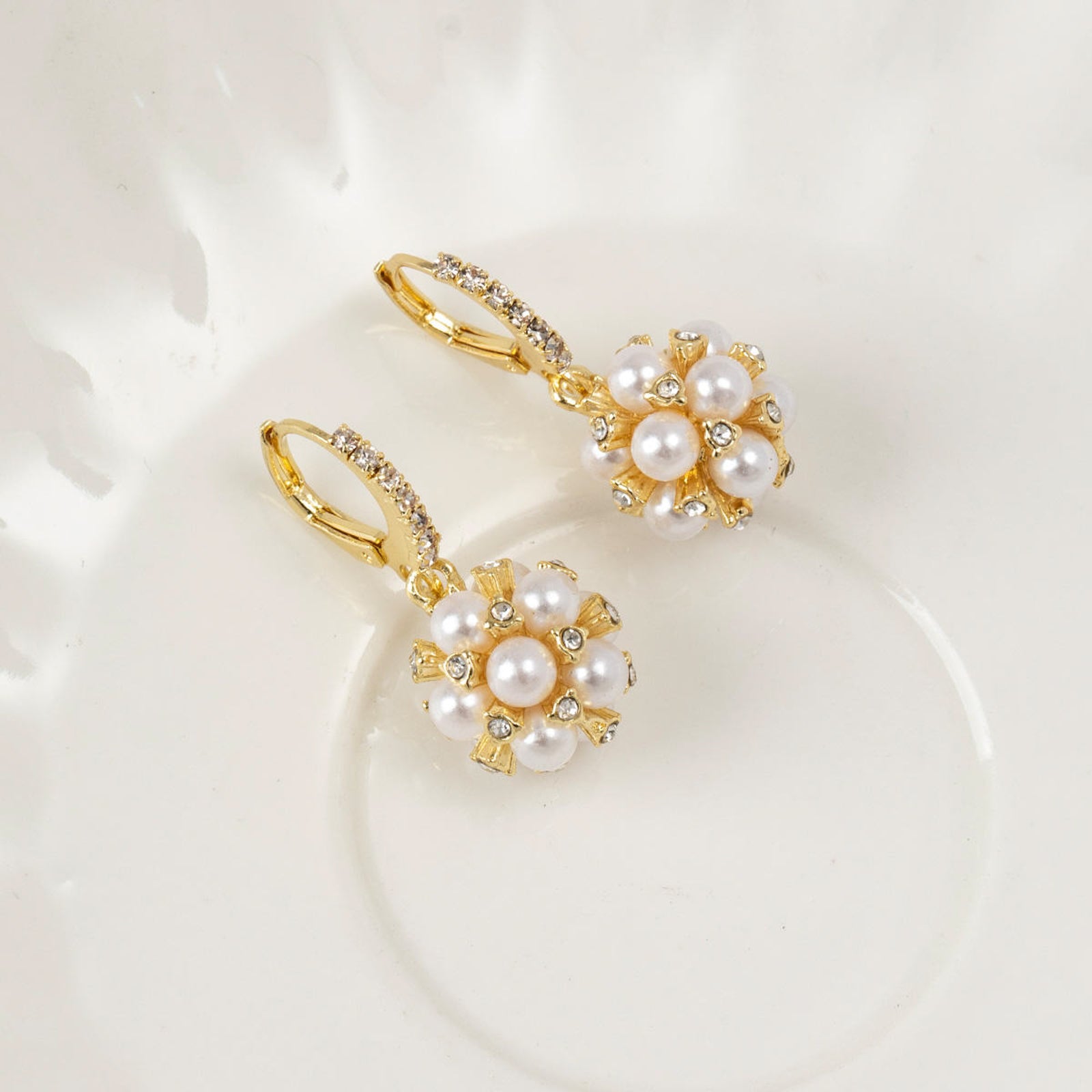 Luxury Pearl Cluster Drop Earrings | Gold Plated Crystal Imitation Jewellery for Women