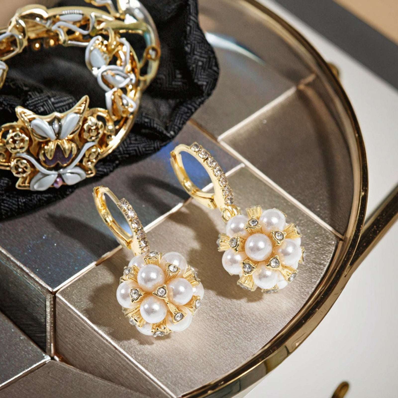 Luxury Pearl Cluster Drop Earrings | Gold Plated Crystal Imitation Jewellery for Women