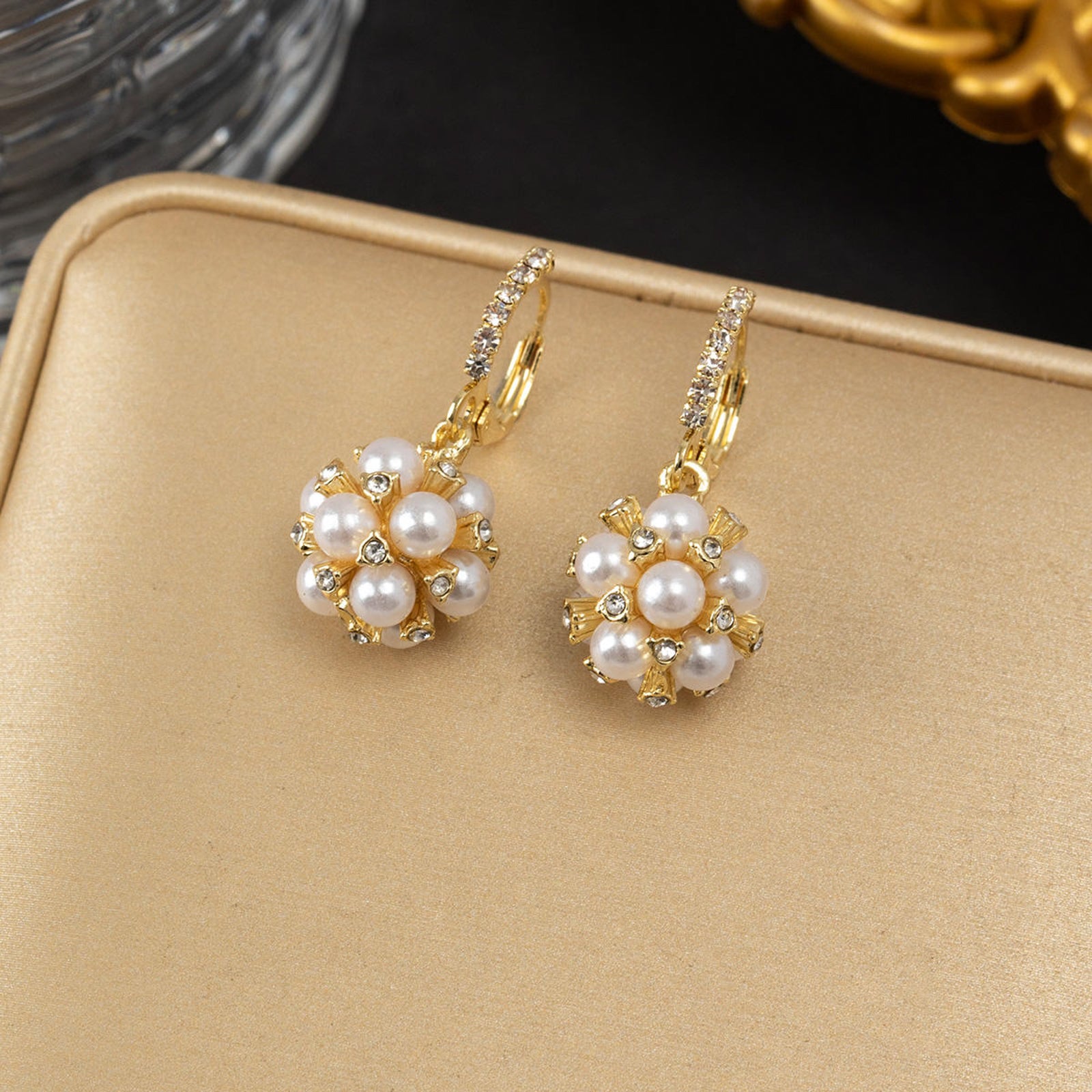 Luxury Pearl Cluster Drop Earrings | Gold Plated Crystal Imitation Jewellery for Women