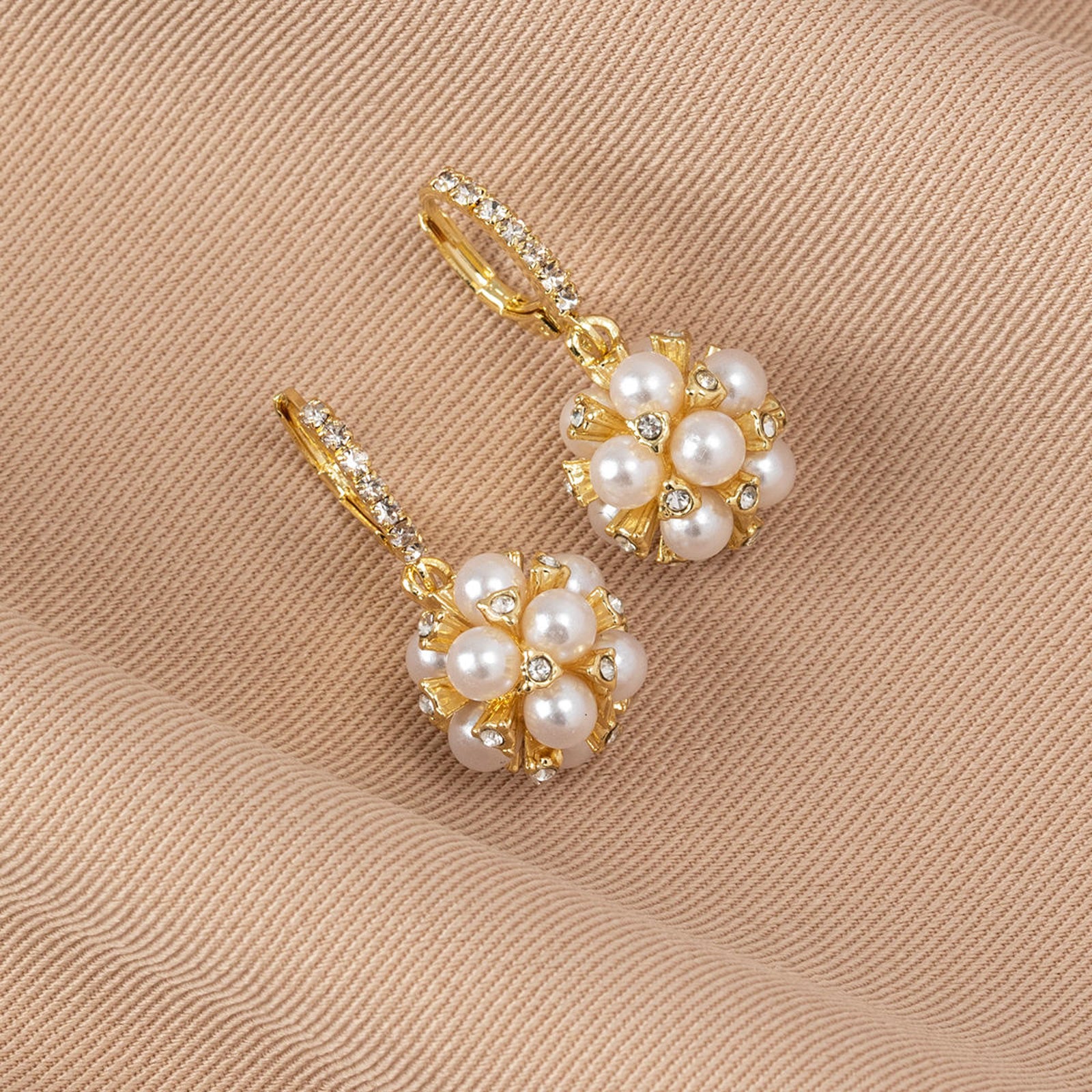 Luxury Pearl Cluster Drop Earrings | Gold Plated Crystal Imitation Jewellery for Women