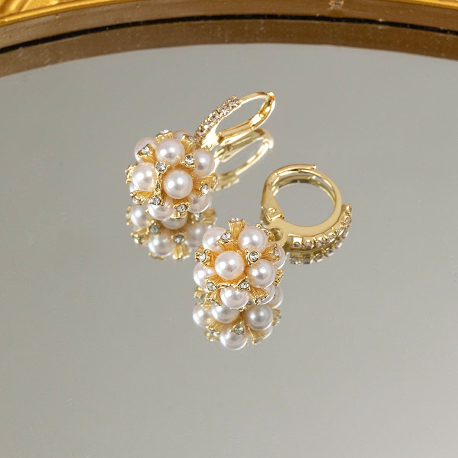 Luxury Pearl Cluster Drop Earrings | Gold Plated Crystal Imitation Jewellery for Women