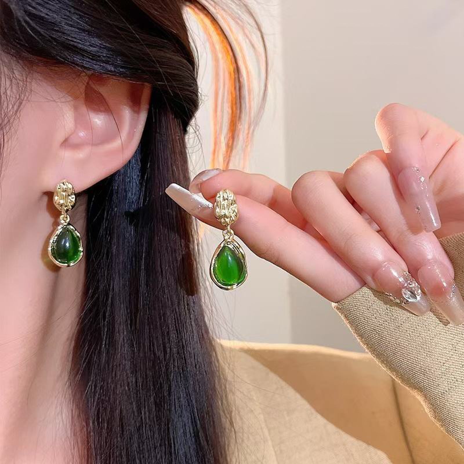 Green Stone Teardrop Earrings for Women | Gold Plated Statement Imitation Jewellery