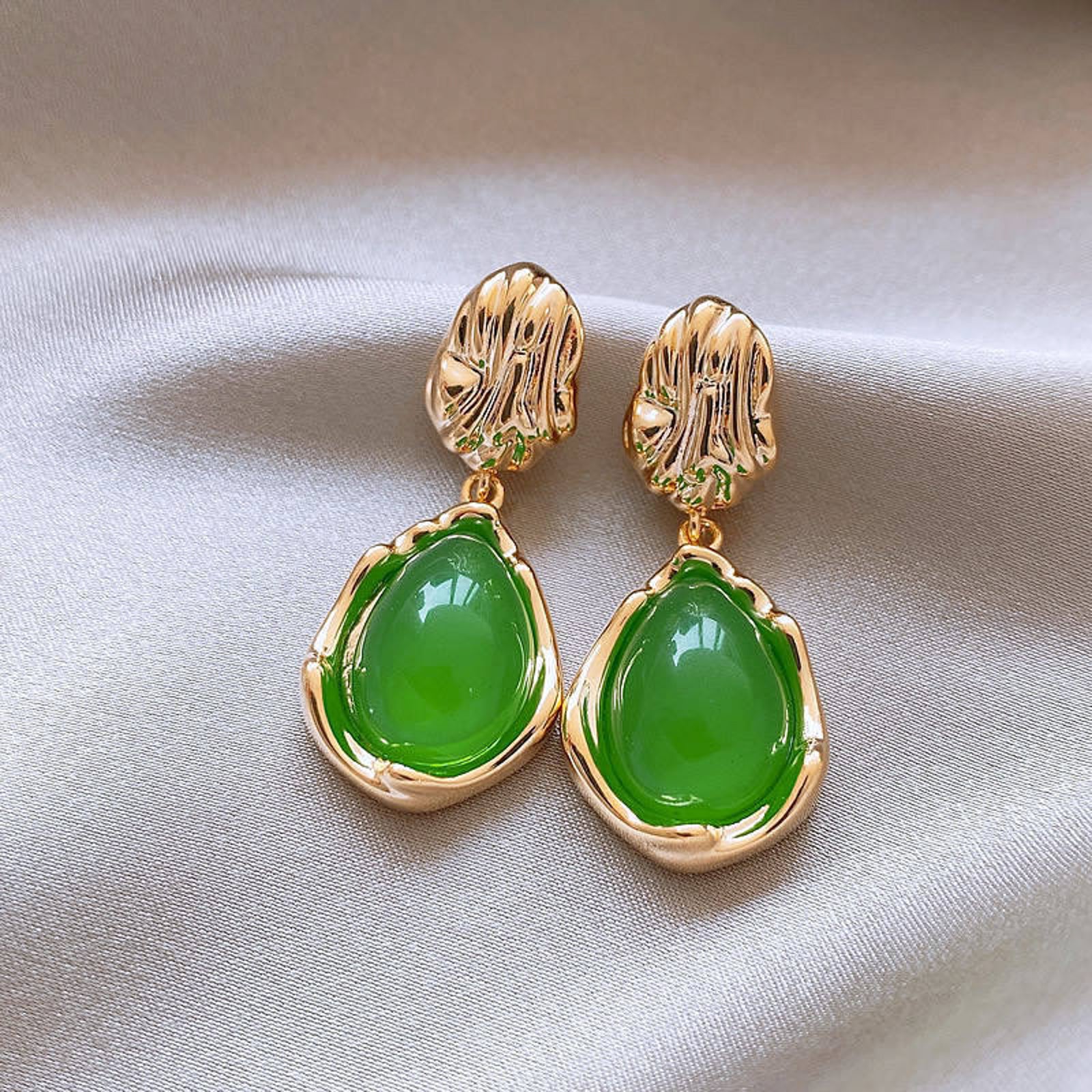 Green Stone Teardrop Earrings for Women | Gold Plated Statement Imitation Jewellery