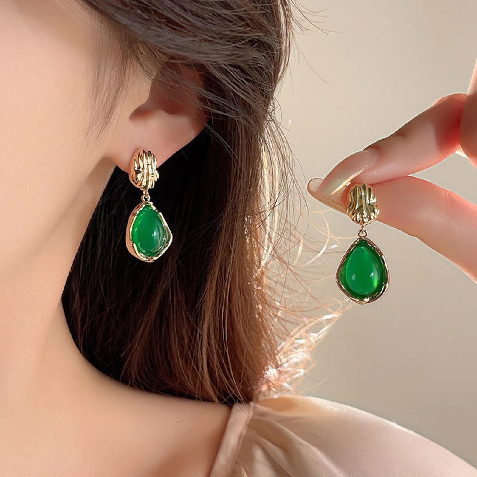 Green Stone Teardrop Earrings for Women | Gold Plated Statement Imitation Jewellery