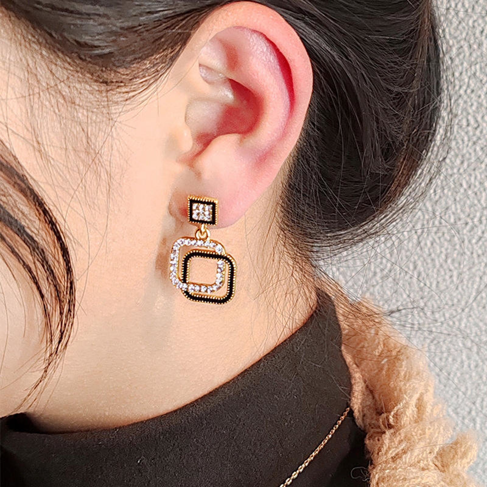 Black & Gold Crystal Square Drop Earrings | Luxury Party Wear Imitation Jewellery for Women