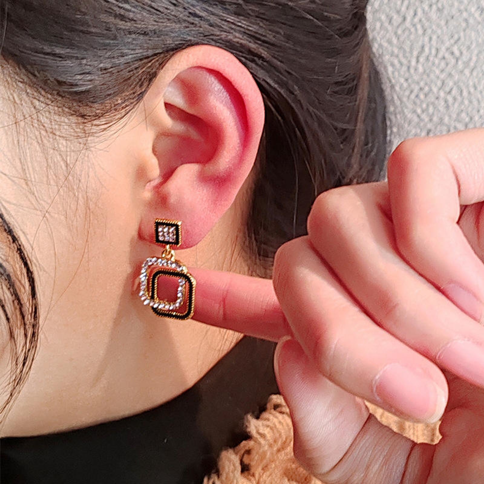 Black & Gold Crystal Square Drop Earrings | Luxury Party Wear Imitation Jewellery for Women