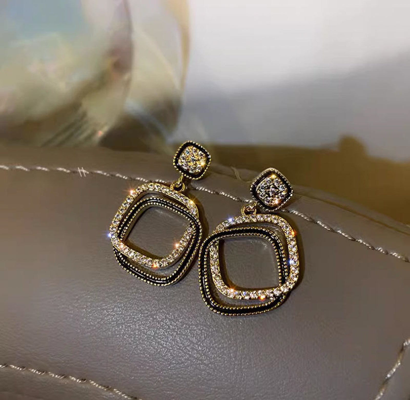Black & Gold Crystal Square Drop Earrings | Luxury Party Wear Imitation Jewellery for Women