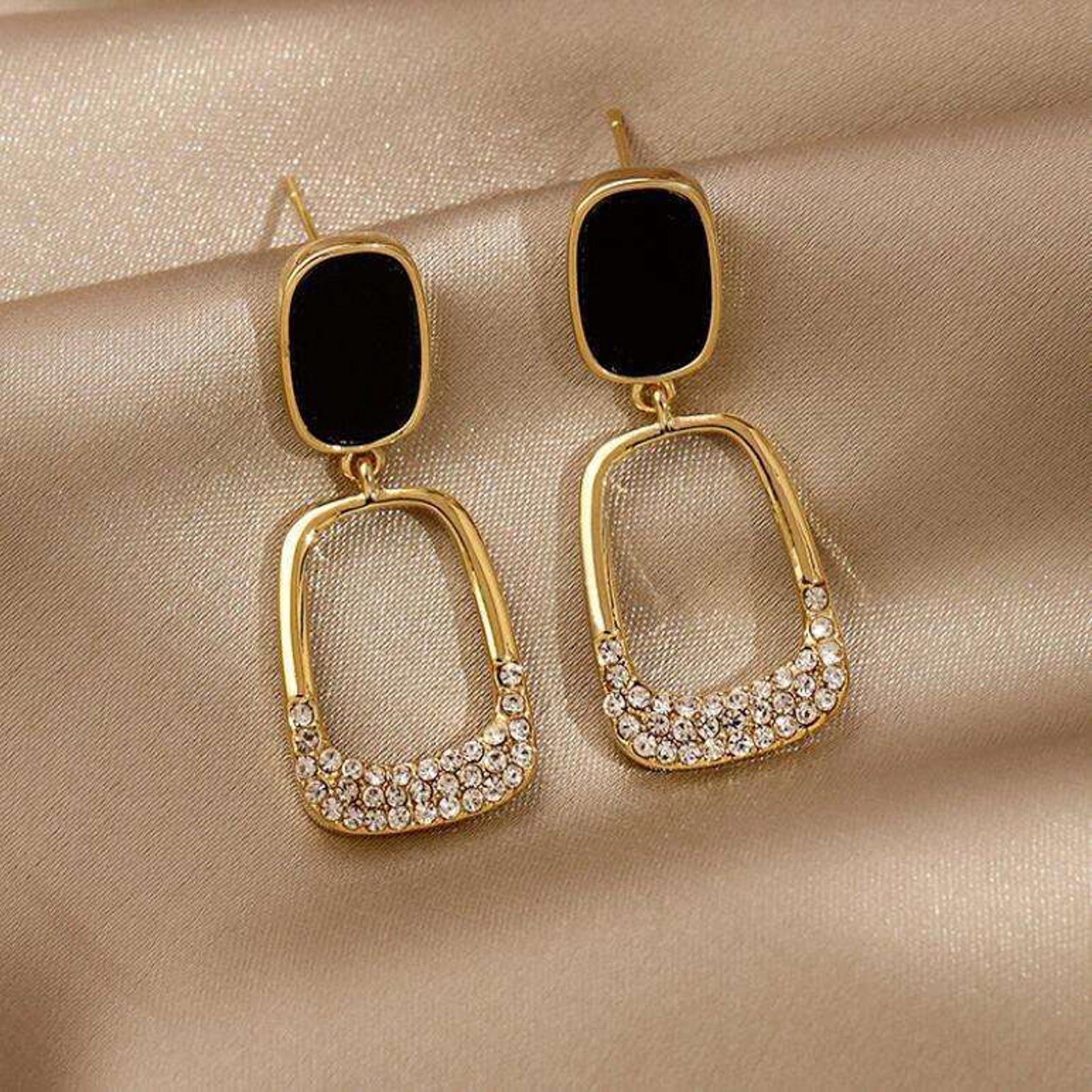 Black Stone & Crystal Geometric Drop Earrings | Gold Plated Party Wear Imitation Jewellery