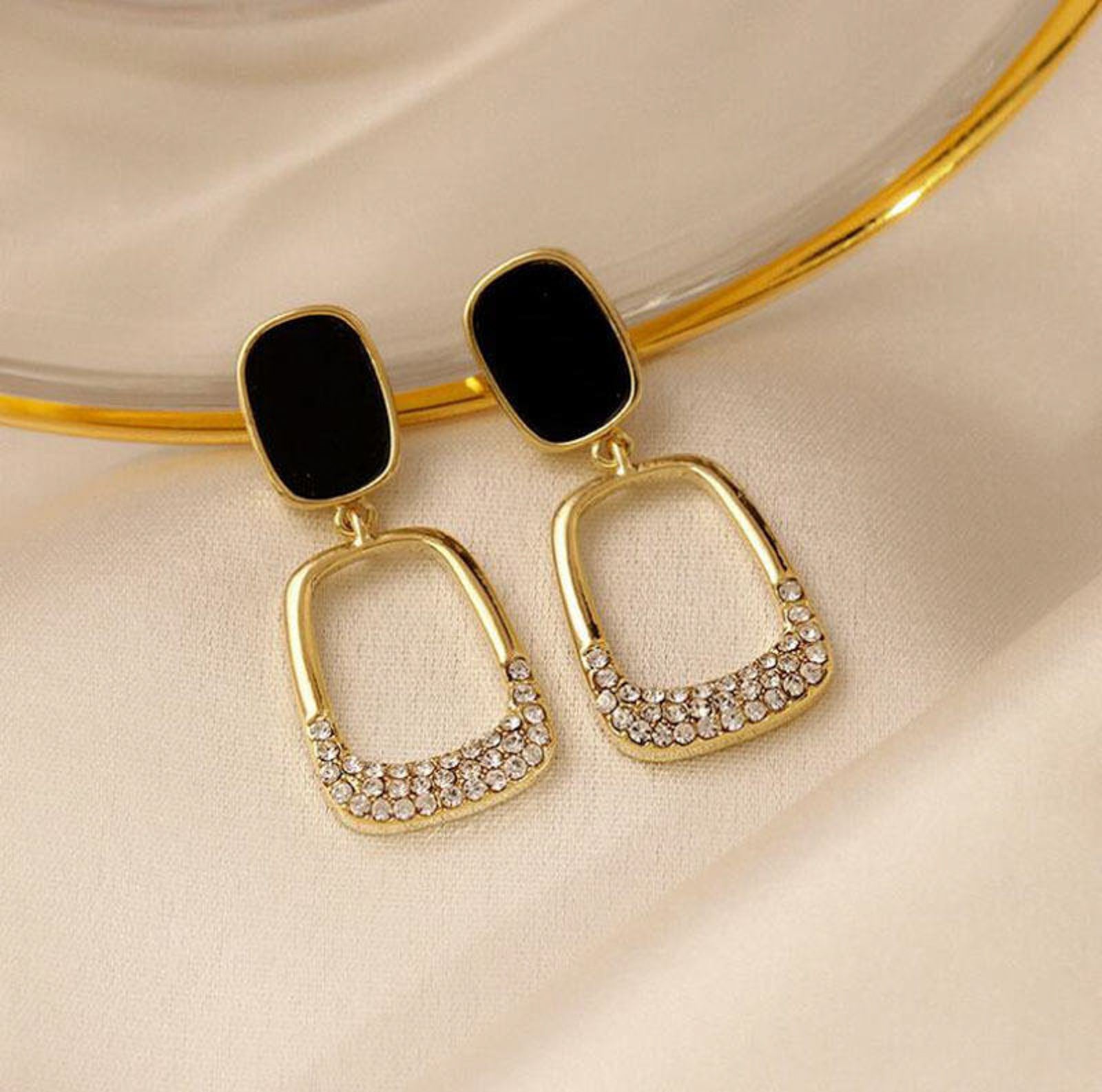Black Stone & Crystal Geometric Drop Earrings | Gold Plated Party Wear Imitation Jewellery
