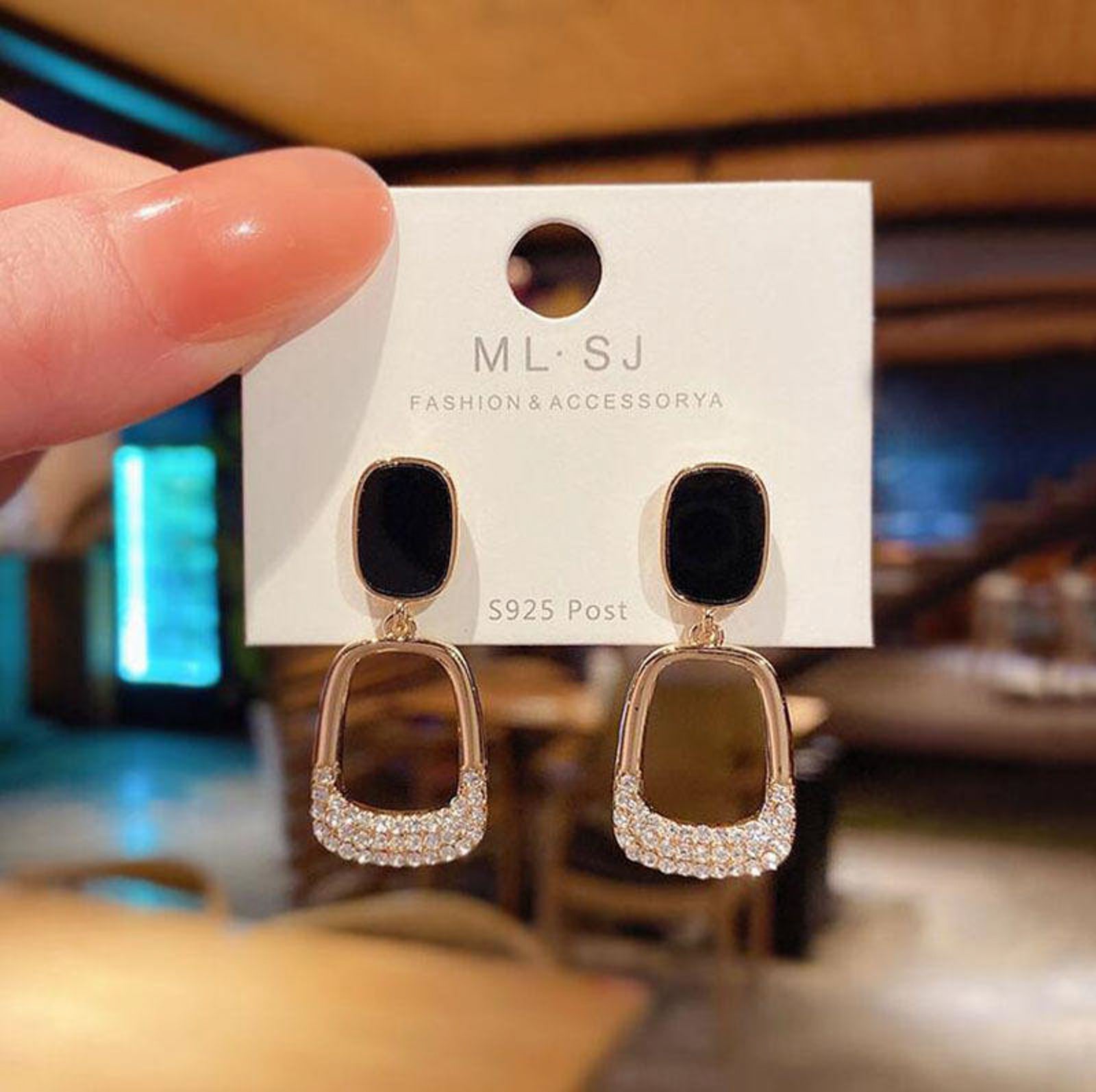 Black Stone & Crystal Geometric Drop Earrings | Gold Plated Party Wear Imitation Jewellery