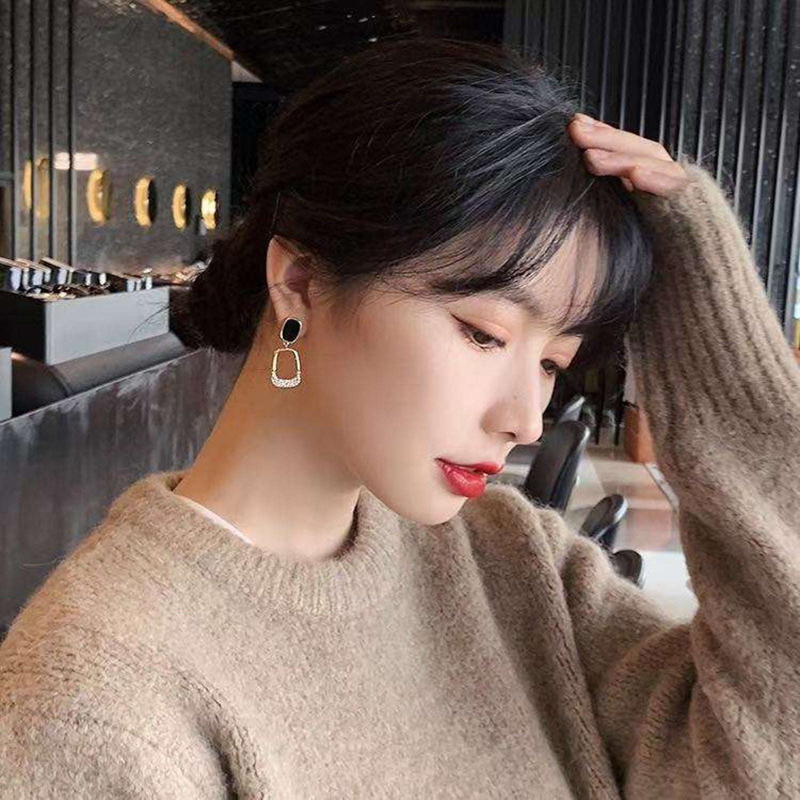 Black Stone & Crystal Geometric Drop Earrings | Gold Plated Party Wear Imitation Jewellery