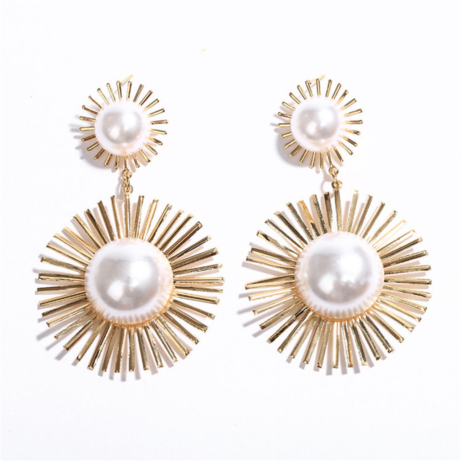 Gold Sunburst Pearl Drop Earrings | Luxury Statement Party Wear Imitation Jewellery for Women