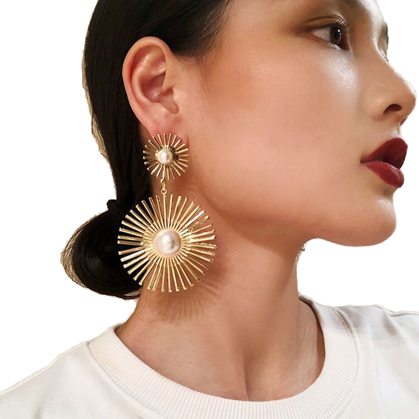 Gold Sunburst Pearl Drop Earrings | Luxury Statement Party Wear Imitation Jewellery for Women