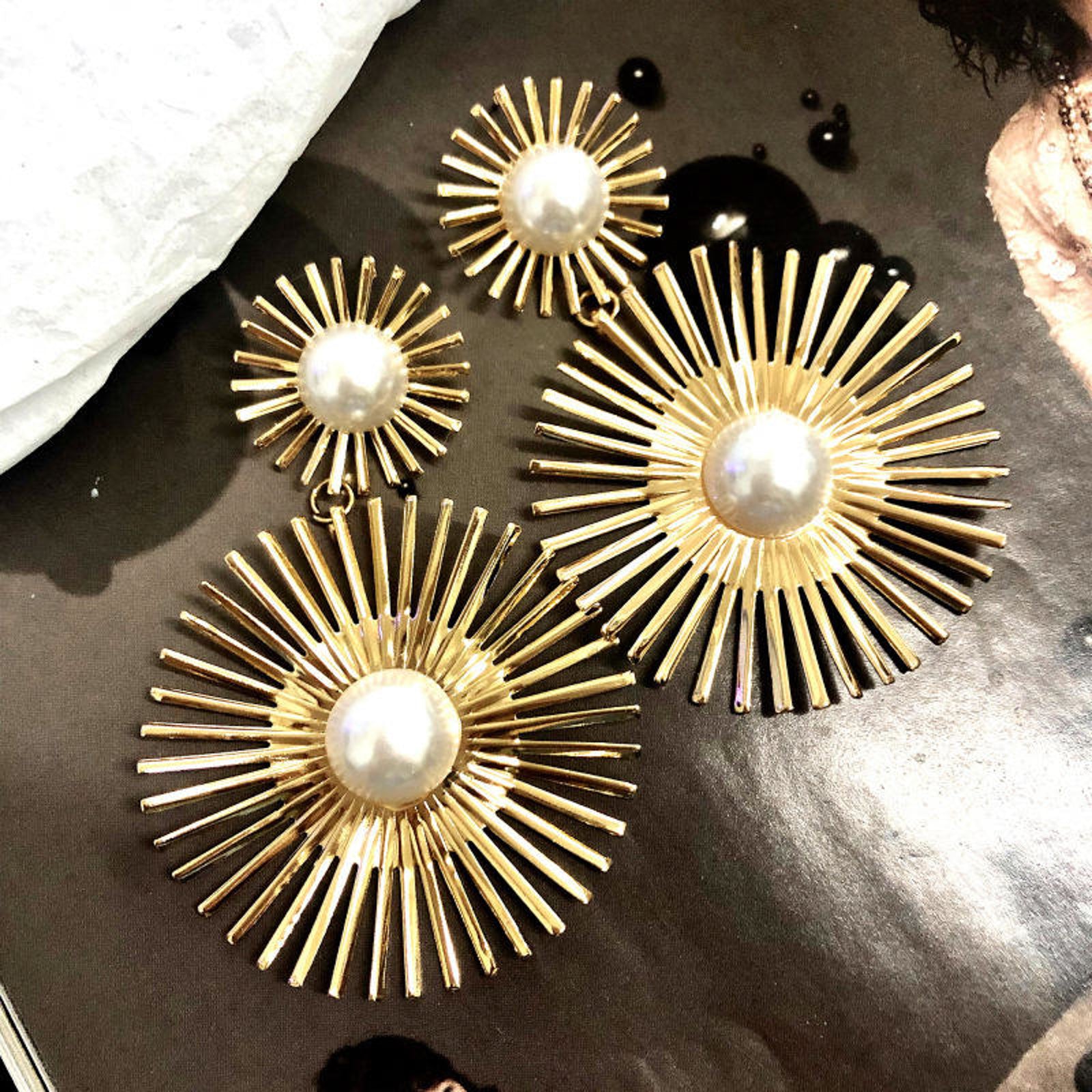 Gold Sunburst Pearl Drop Earrings | Luxury Statement Party Wear Imitation Jewellery for Women