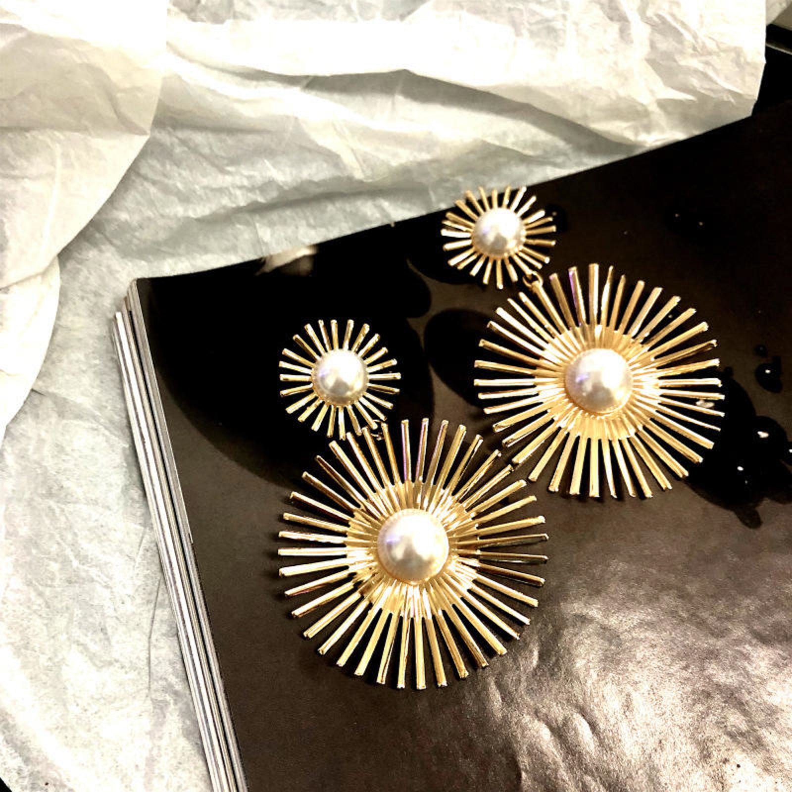 Gold Sunburst Pearl Drop Earrings | Luxury Statement Party Wear Imitation Jewellery for Women