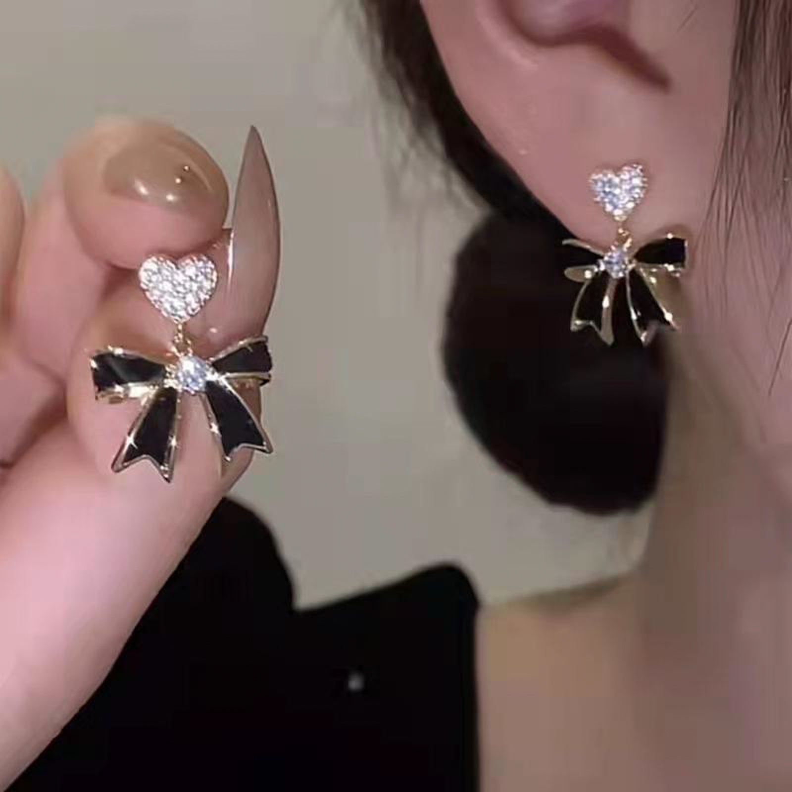 Sparkling Heart & Black Bow Drop Earrings – Elegant Korean Style Bowtie Dangle Jewelry for Women
