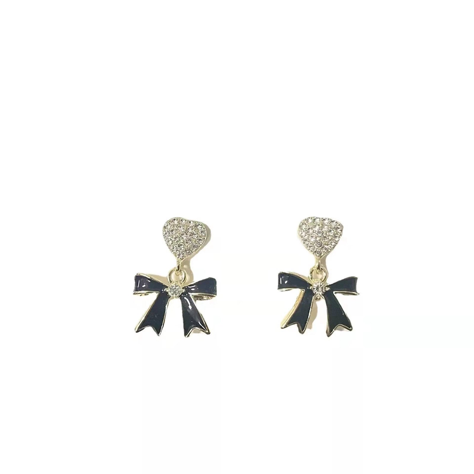 Sparkling Heart & Black Bow Drop Earrings – Elegant Korean Style Bowtie Dangle Jewelry for Women