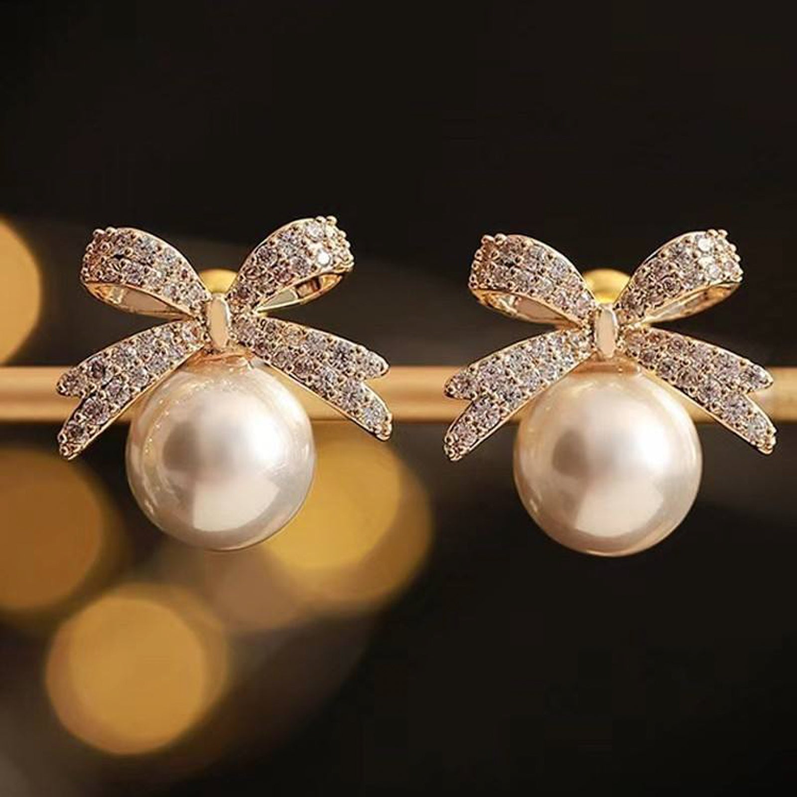 Gold Crystal Bow Pearl Earrings – Sparkling Pavé Ribbon Studs, Elegant Bridal and Occasion Jewelry for Women