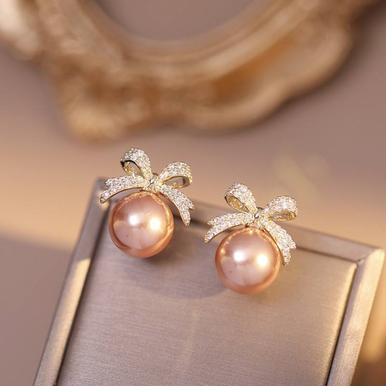 Gold Crystal Bow Pearl Earrings – Sparkling Pavé Ribbon Studs, Elegant Bridal and Occasion Jewelry for Women
