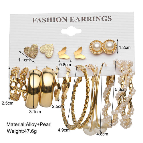 12-Pair Gold-Tone Fashion Earring Set – Studs, Hoops & Pearl Dangles for Women