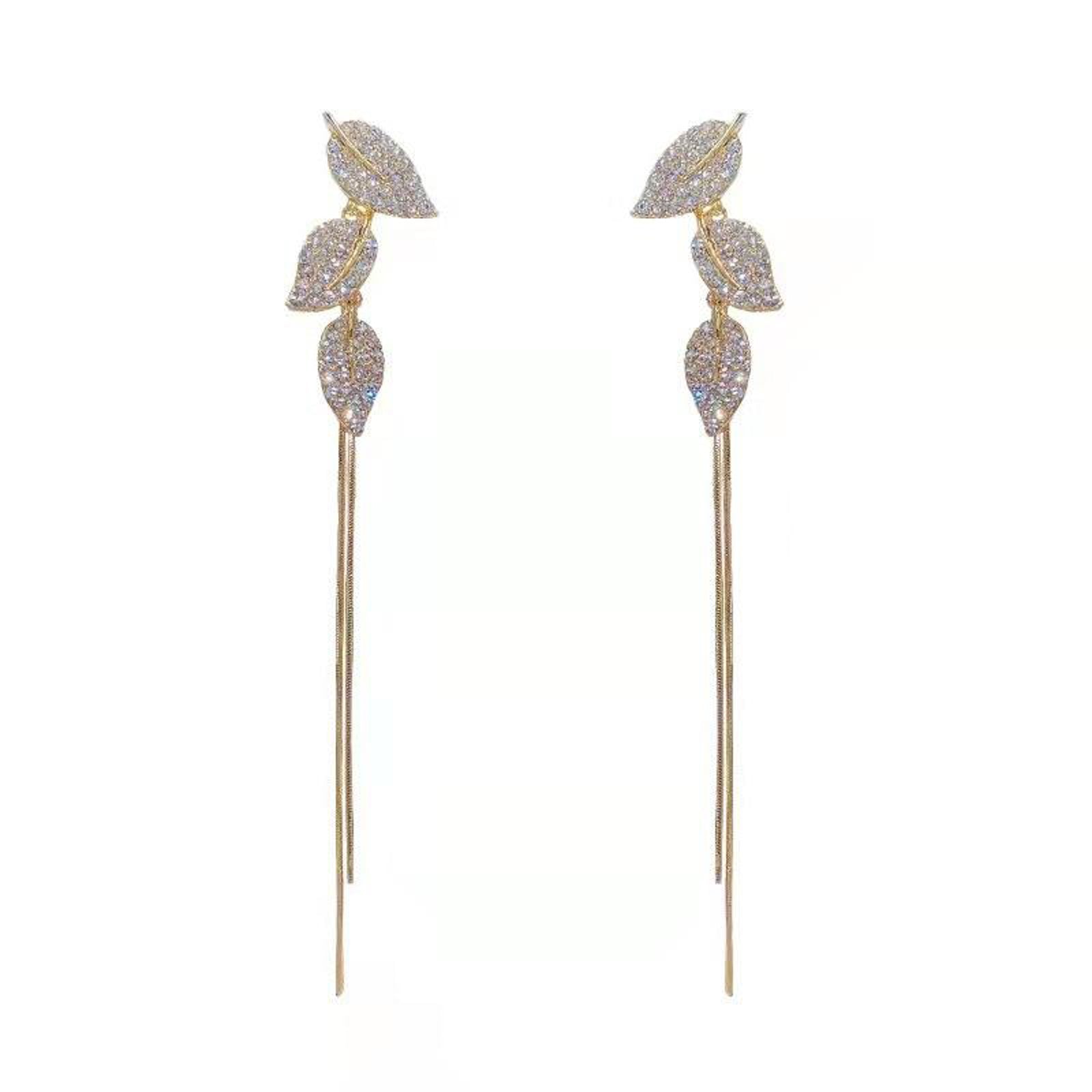 Elegant Leaf Drop Earrings – Rhinestone Tassel Design for Women
