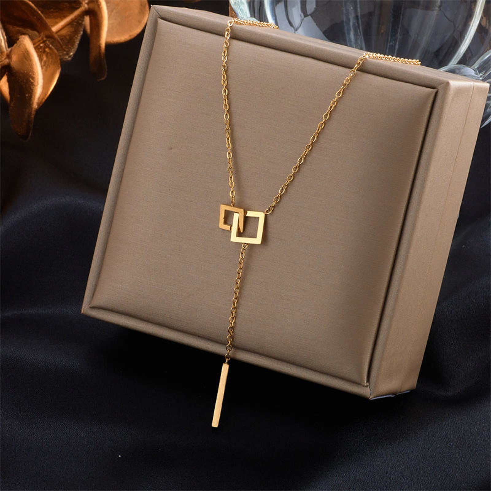Gold Plated Geometric Lariat Necklace for Women | Minimal Square Pendant Y-Chain Imitation Jewellery