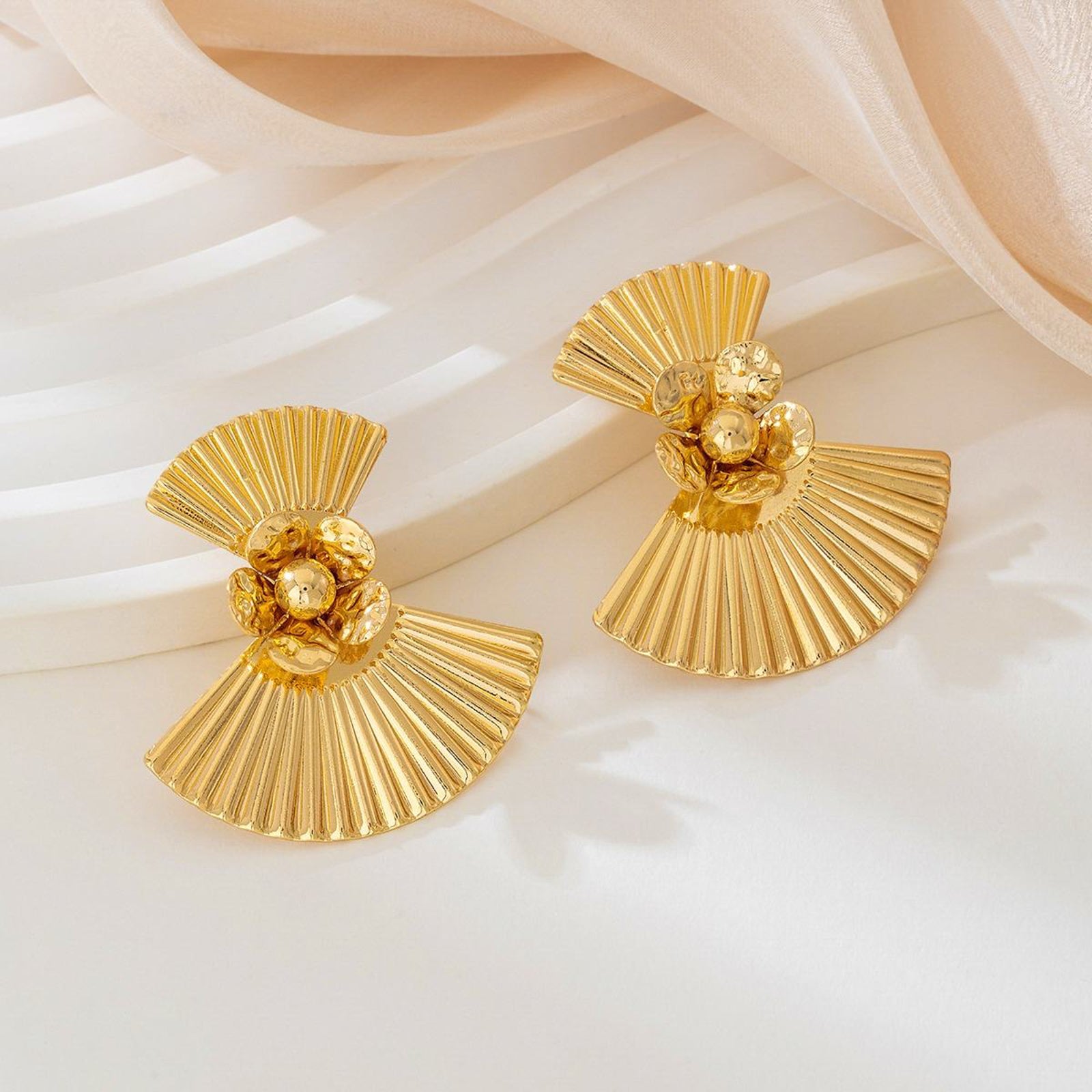 Gold Plated Fan-Shaped Statement Earrings for Women | Designer Imitation Jewelry