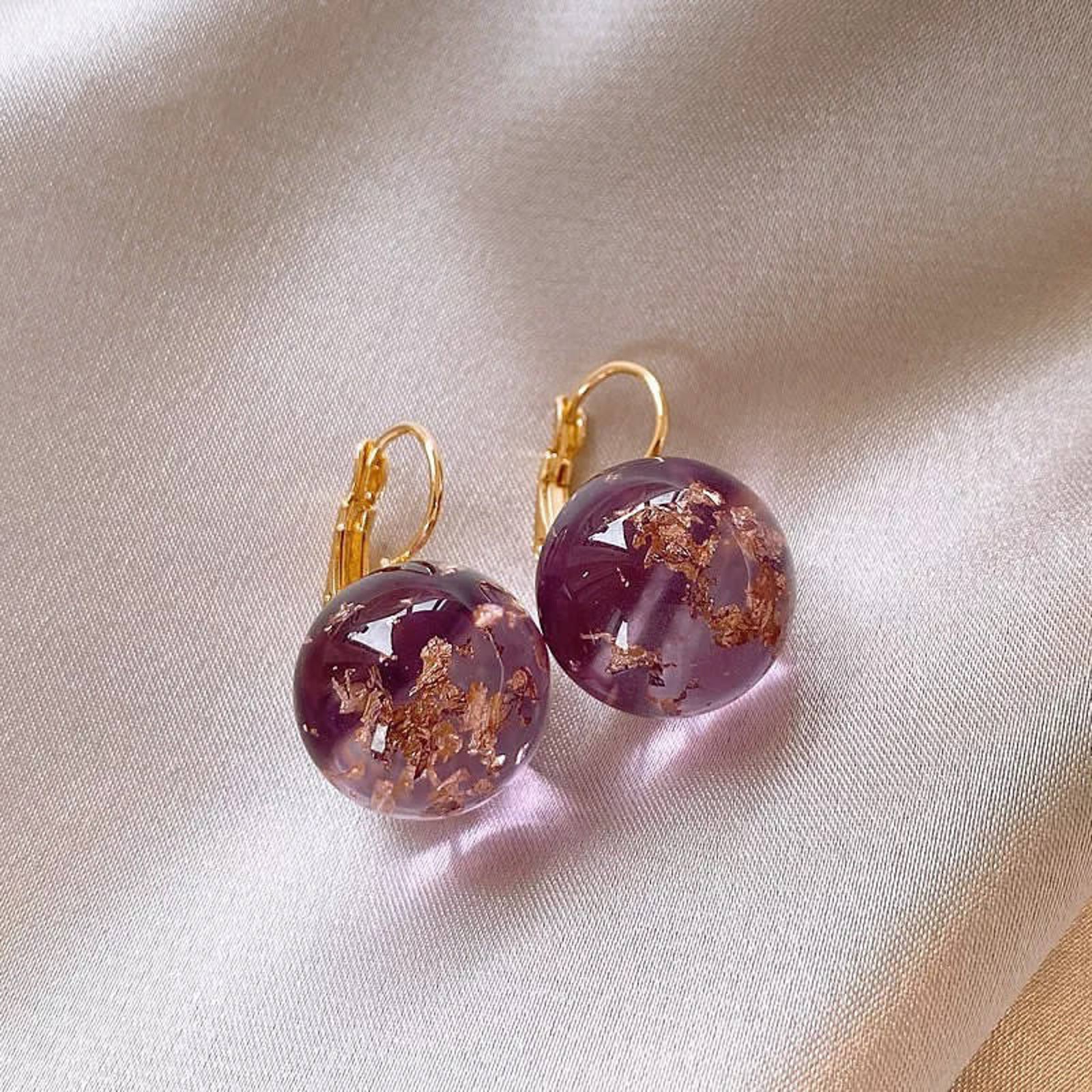 Luxurious Purple Resin Sphere Earrings with Gold Flakes & Lever-Back Clasps