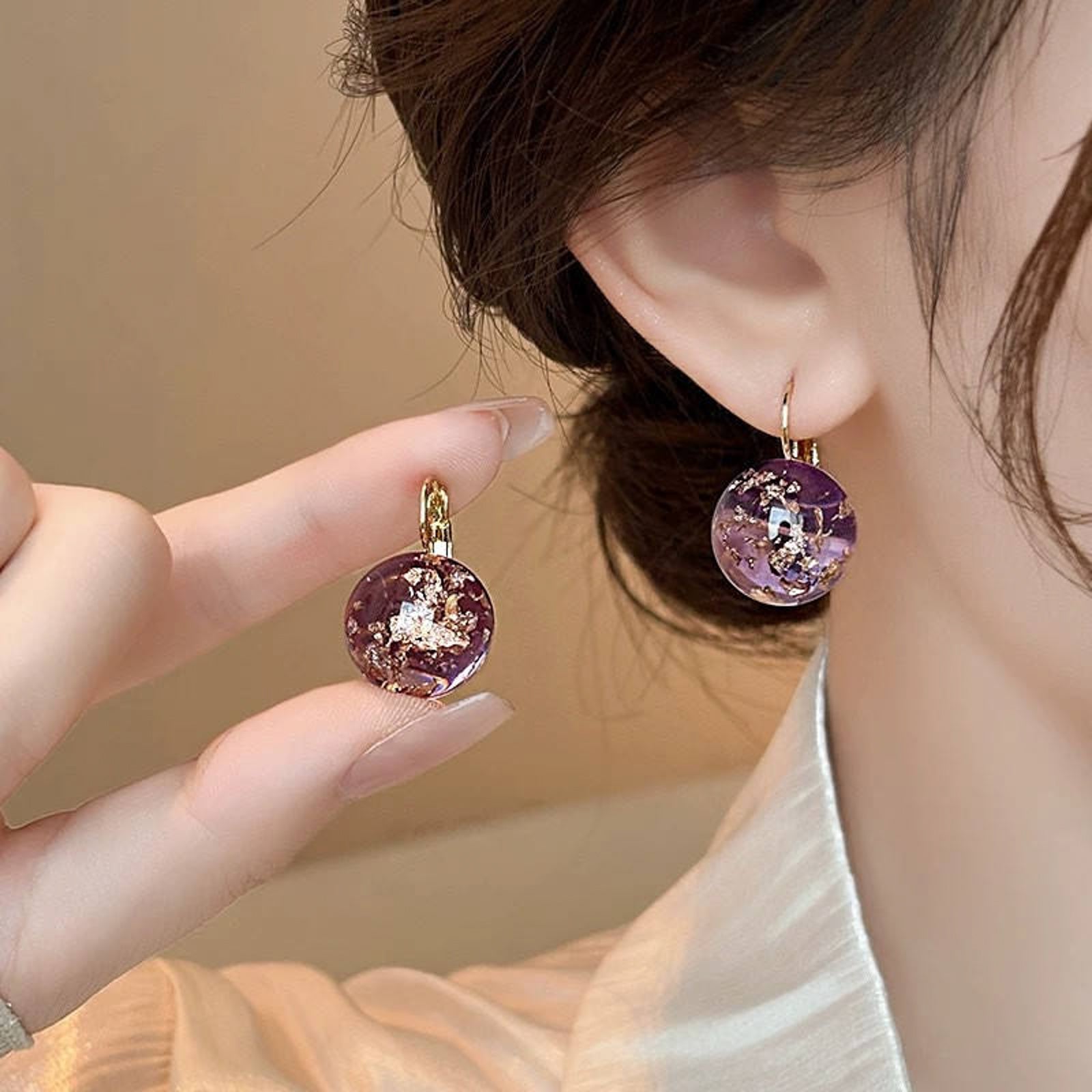 Luxurious Purple Resin Sphere Earrings with Gold Flakes & Lever-Back Clasps