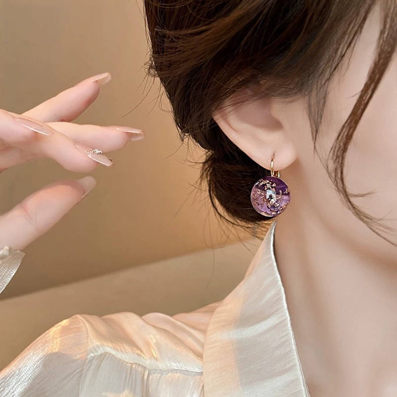Luxurious Purple Resin Sphere Earrings with Gold Flakes & Lever-Back Clasps