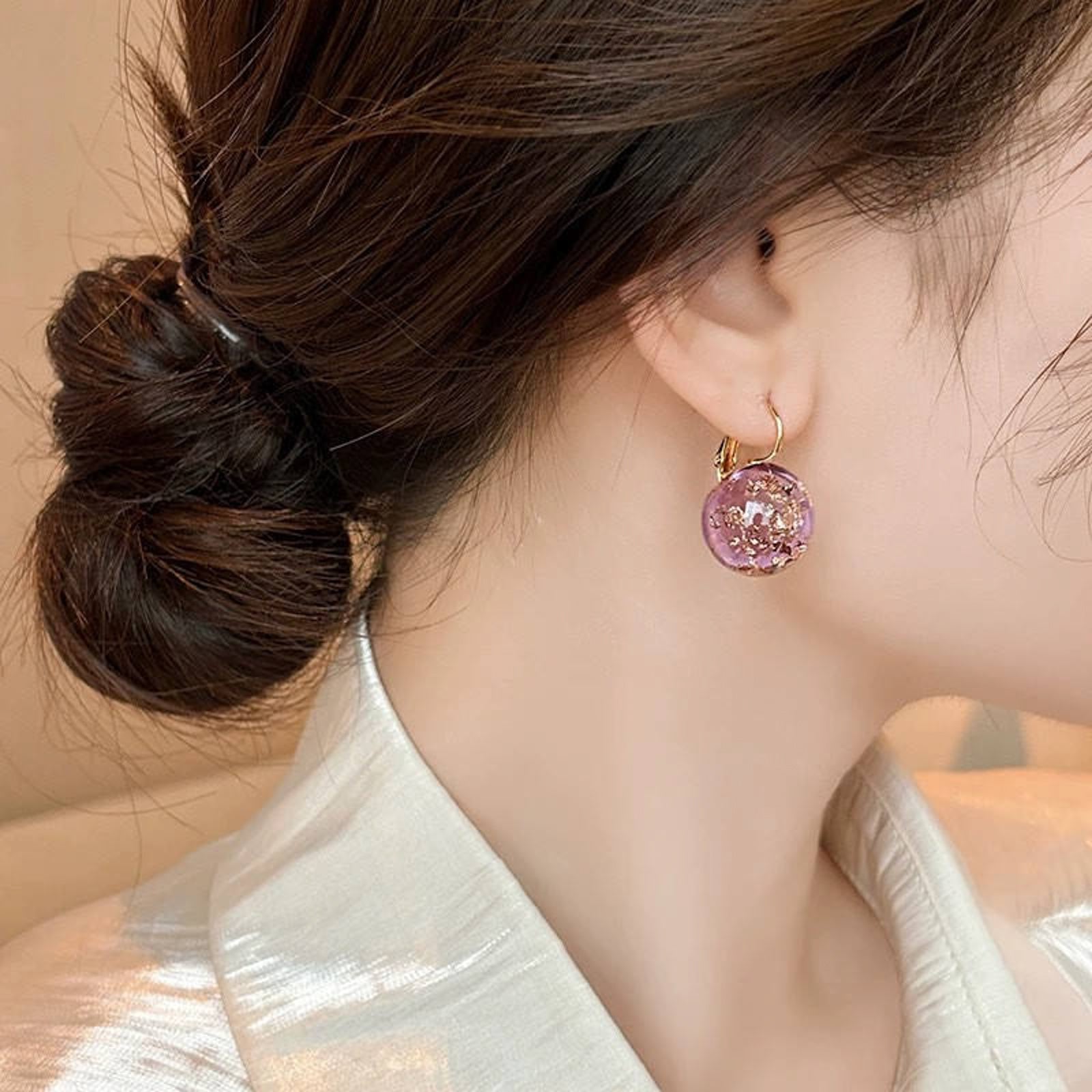 Luxurious Purple Resin Sphere Earrings with Gold Flakes & Lever-Back Clasps
