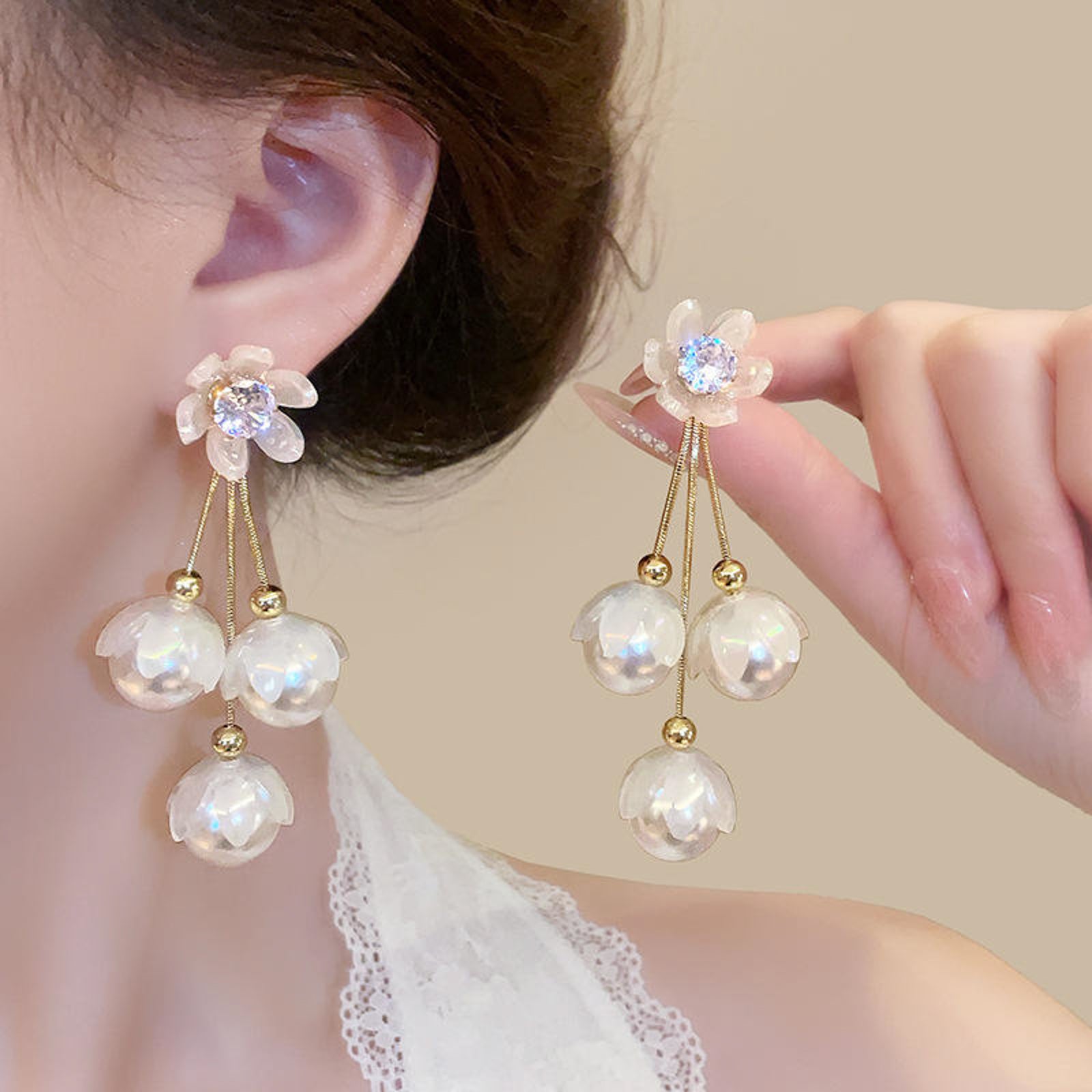 Floral Pearl Drop Earrings with Crystal Accents and Iridescent Petal Design