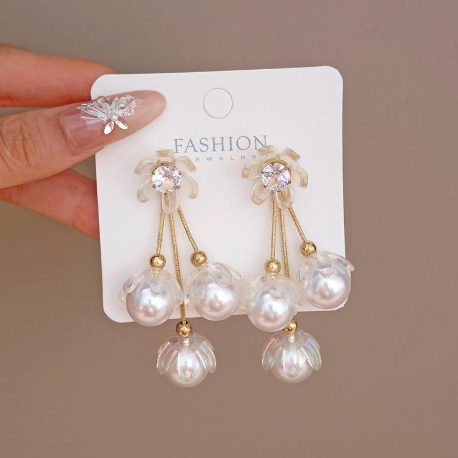 Floral Pearl Drop Earrings with Crystal Accents and Iridescent Petal Design
