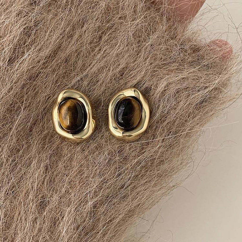 Gold Oval Coffee Bean Earrings with Brown Stone
