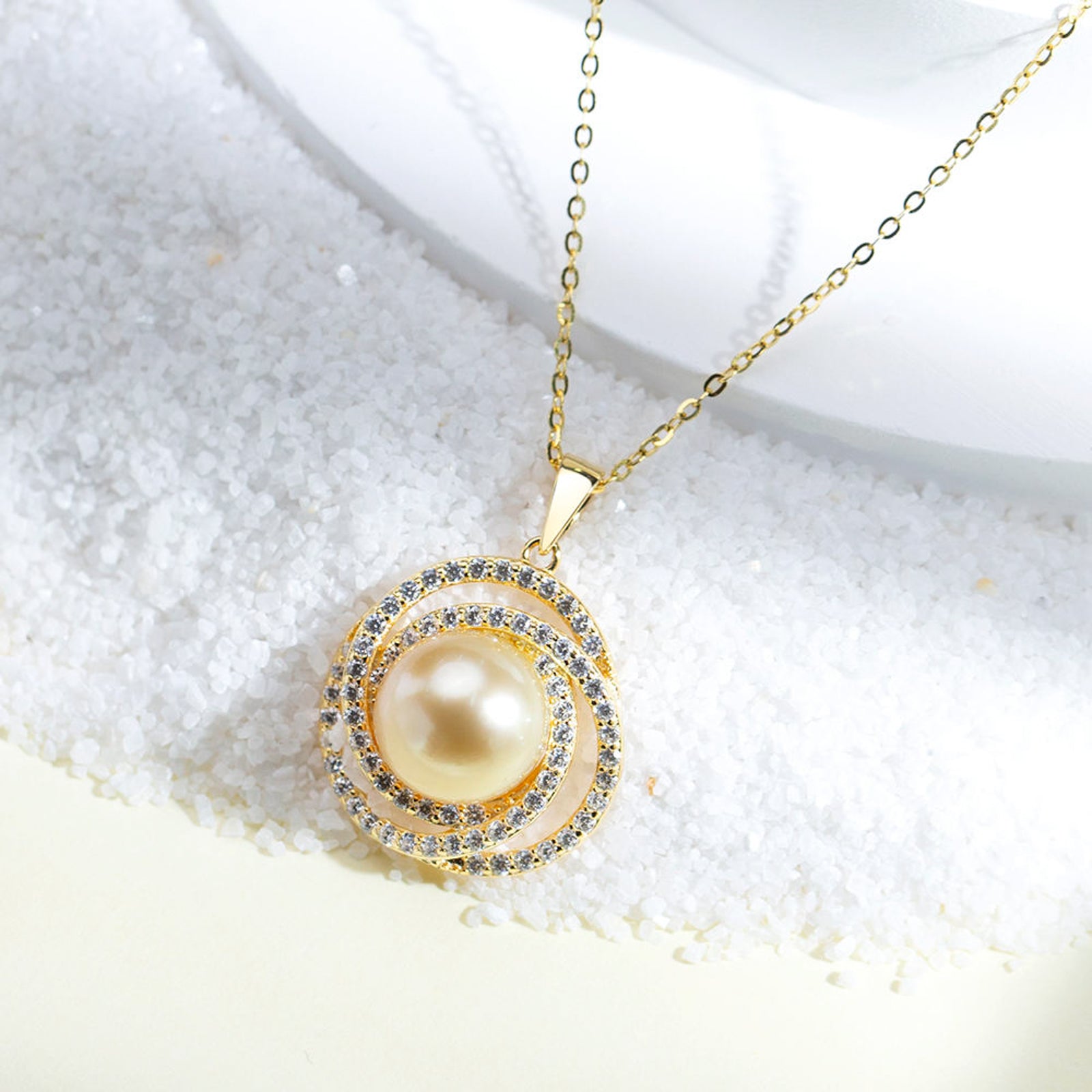 Gold Plated Pearl Pendant Necklace for Women | Crystal Studded Round Imitation Jewellery Chain