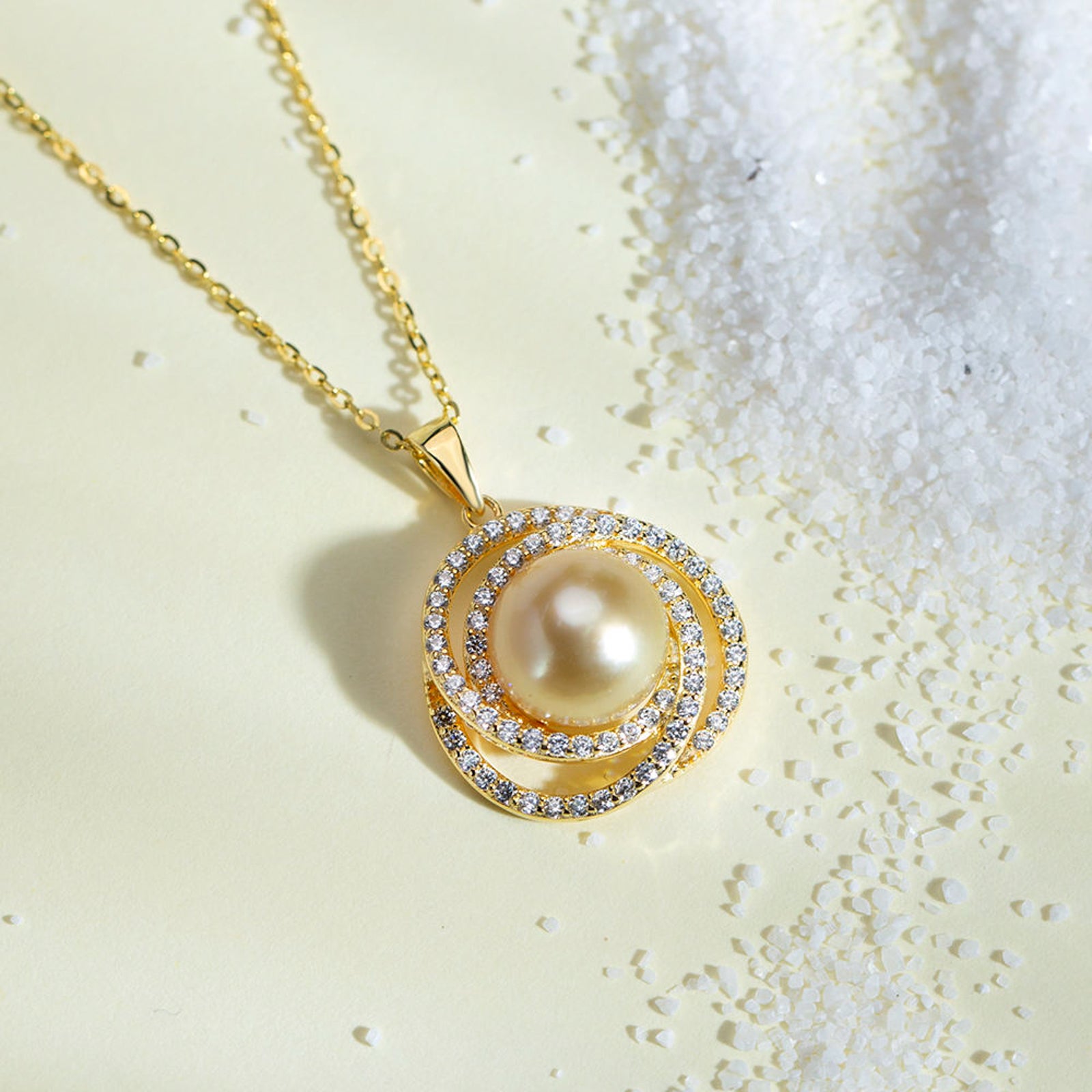 Gold Plated Pearl Pendant Necklace for Women | Crystal Studded Round Imitation Jewellery Chain