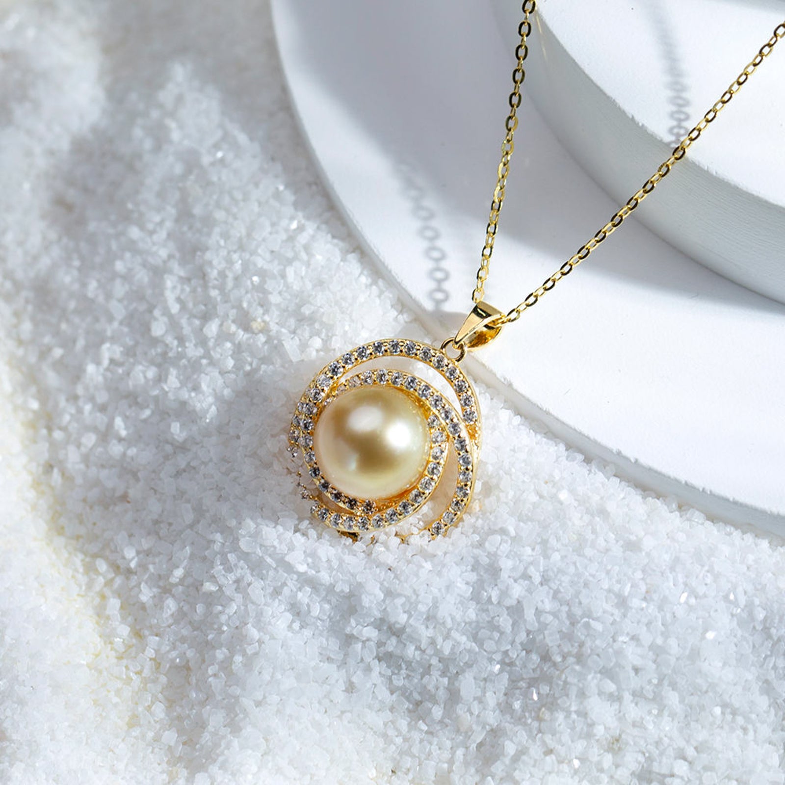 Gold Plated Pearl Pendant Necklace for Women | Crystal Studded Round Imitation Jewellery Chain