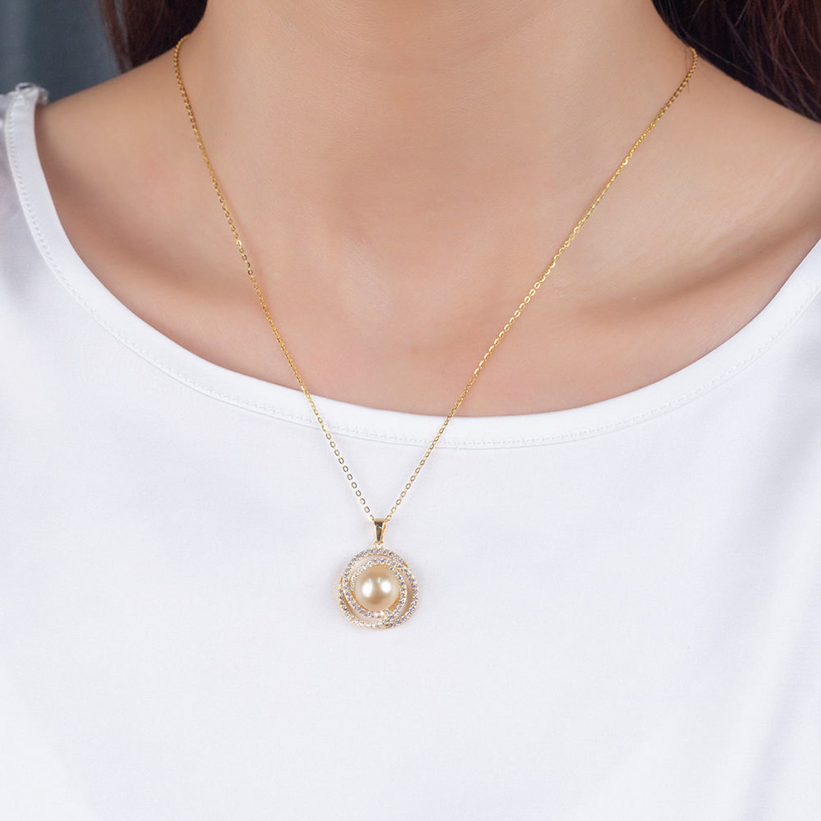 Gold Plated Pearl Pendant Necklace for Women | Crystal Studded Round Imitation Jewellery Chain