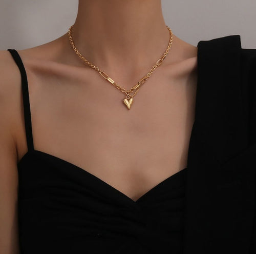 Asymmetrical Gold Heart Pendant Necklace – Dual Chain Design