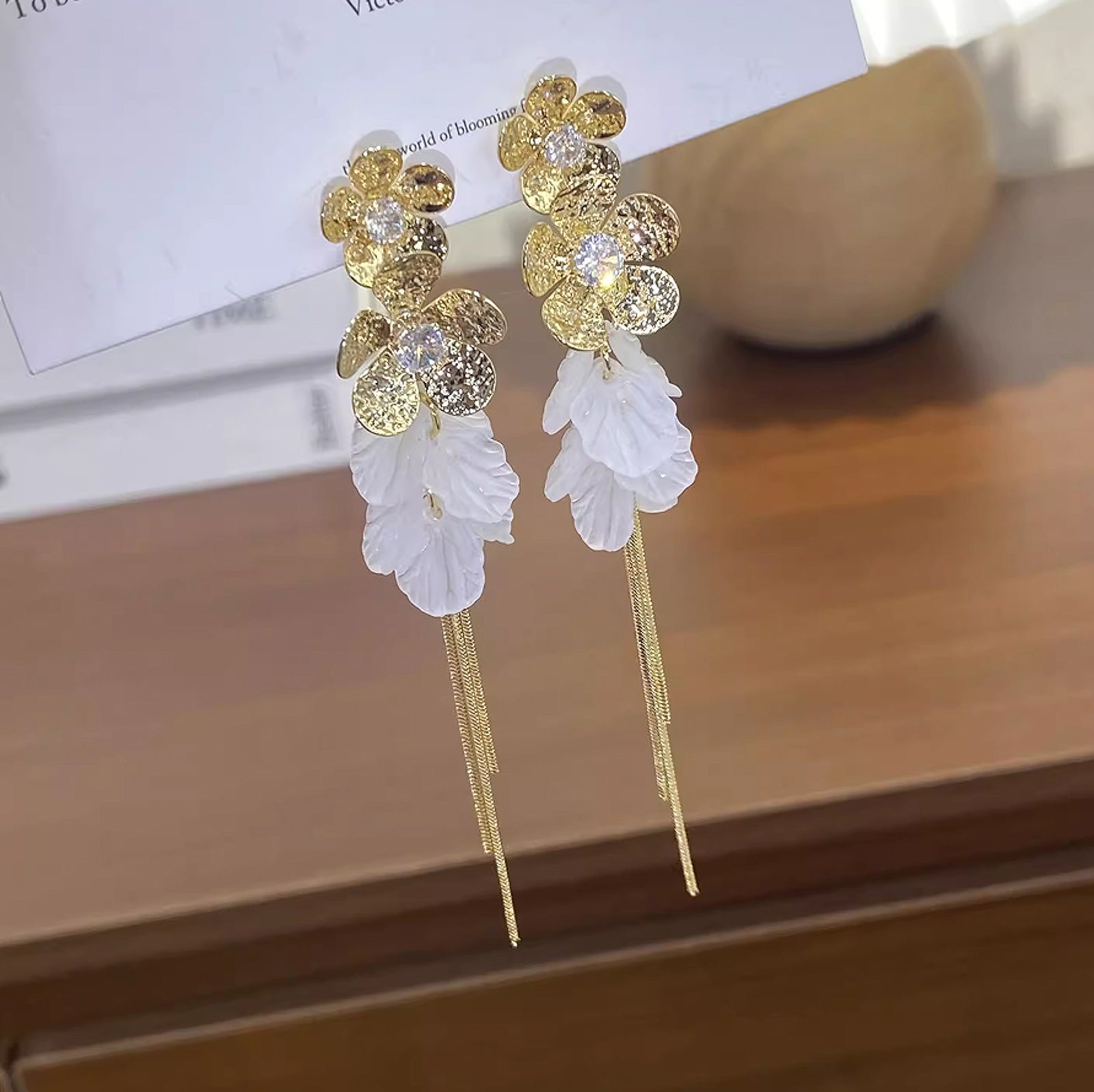 Gold-Plated Floral Tassel Drop Earrings for Women